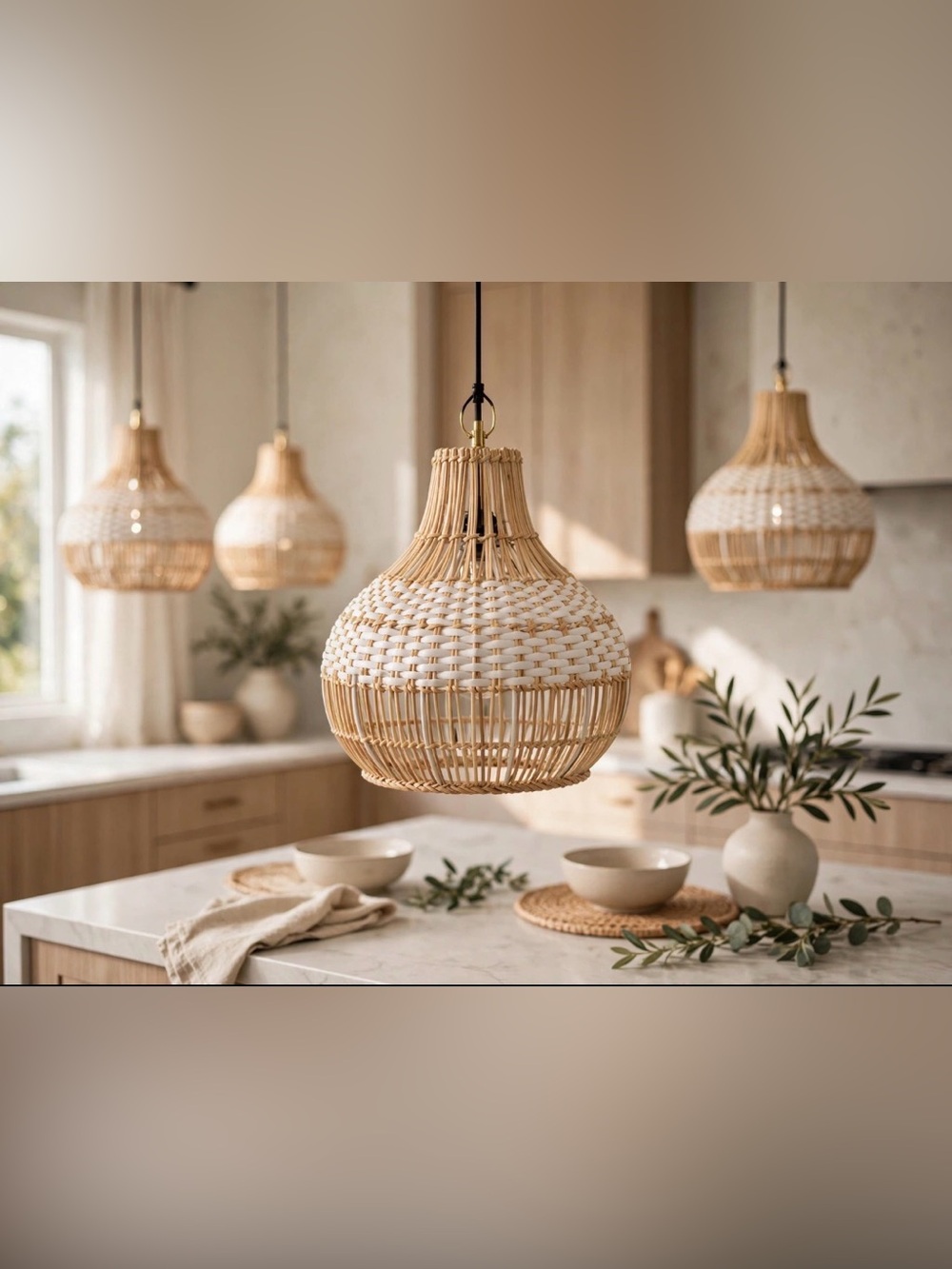 ✨ LOTE Lot of 3 Small Boho Two-Tone Rattan Pendant Lights with Wiring Kit ✨